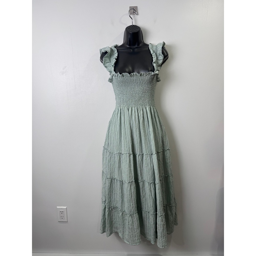 Hill House Women Sage Green The Nap Dress Smocked Tiered Midi Small